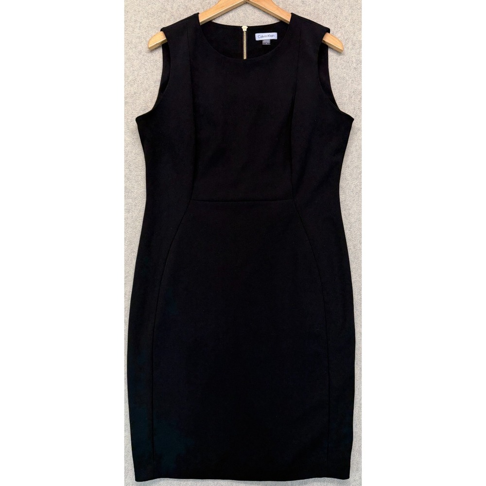 Calvin Klein Womens Sheath Dress Black Back Zip Crepe Sleeveless Round Neck 14